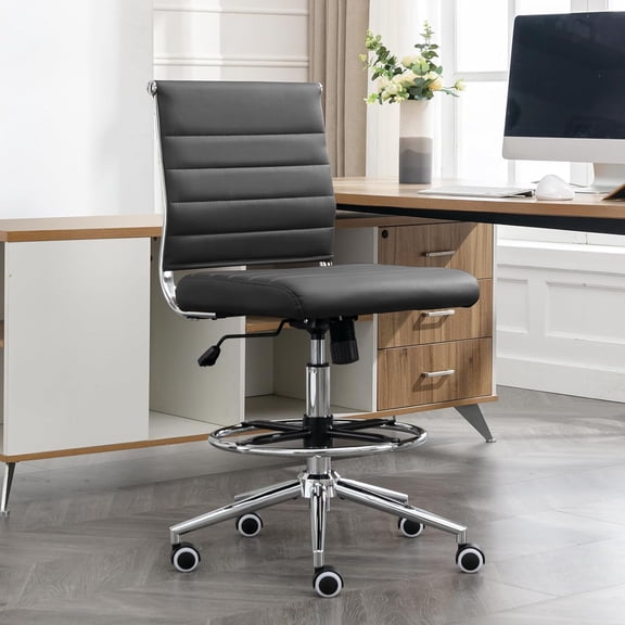 Drafting Chair Armless Desk Stool, 400 LBS Ergonomic Leather Tall Office Chair with Adjustable Foot Ring, Modern Standing Desk Chair with Ribbed Mid Back, Swivel Rolling Drafting Stool.