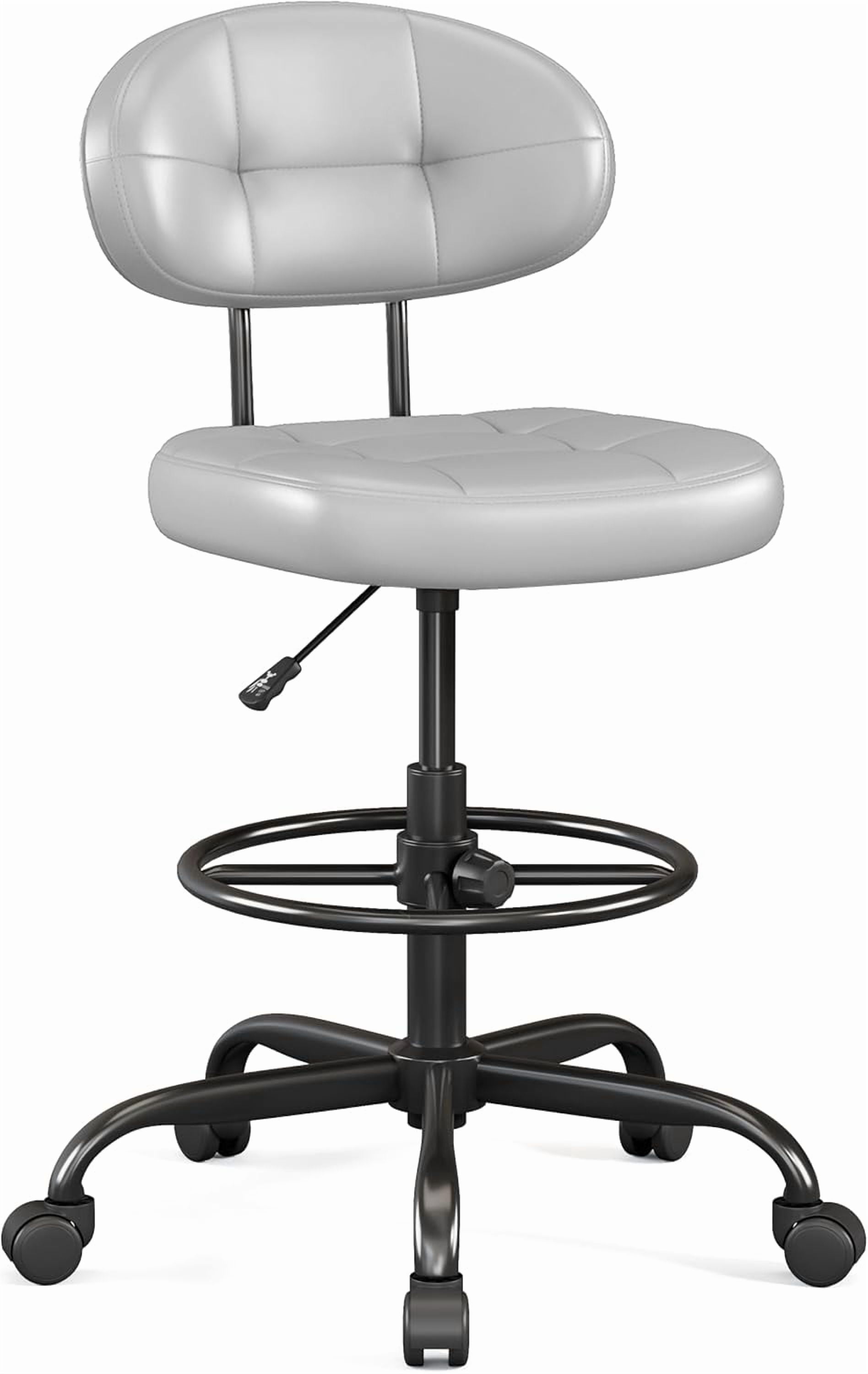 Drafting Chair, Armless Tall Office Chair with Footrest Ring for Standing Desk, Small Faux Leather Executive Computer Chair with Adjustable Height for Bar Lab Counter Height Desk, Gray