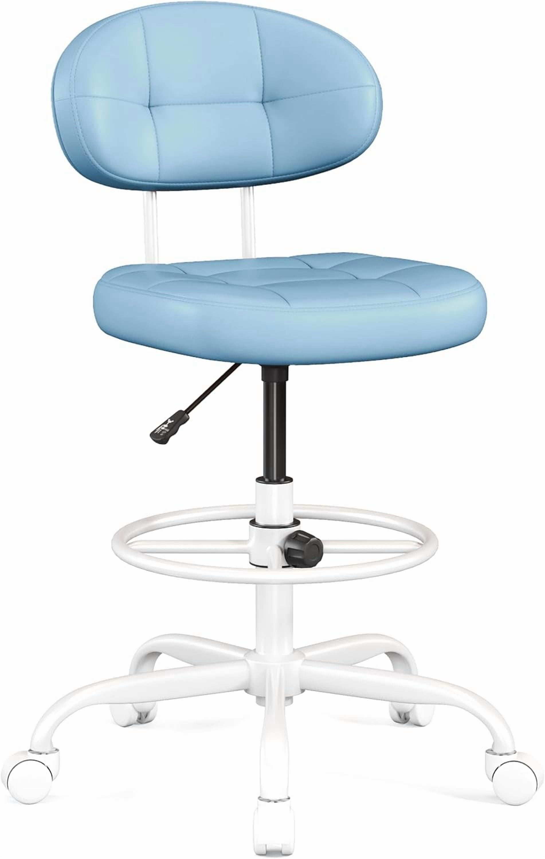 Drafting Chair, Armless Tall Office Chair with Footrest Ring for Standing Desk, Small Faux Leather Executive Computer Chair with Adjustable Height for Bar Lab Counter Height Desk, Blue