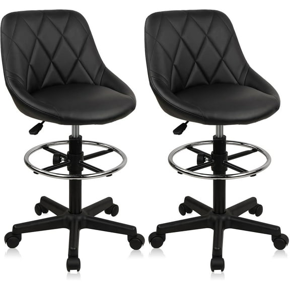 Drafting Chair with Back, Leather Rolling Swivel Stool with Adjustable Height and Footrest, Ergonomic Tall Standing Desk Office Chairs with Wheels for Home Work Shop Kitchen Bar, 2PK