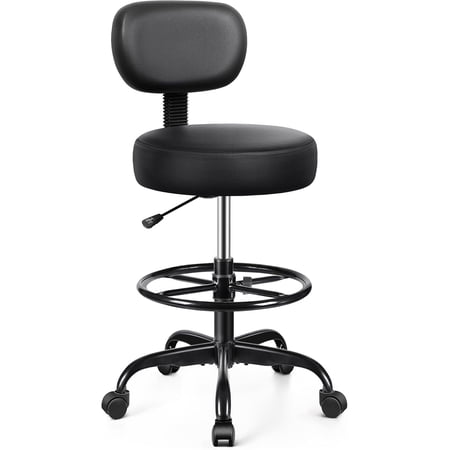 Drafting Chair with Backrest – Adjustable Foot Rest Rolling Stool with Wheels, Leather Swivel Stool for Office Spa Studio Lab Counter Salon Home Work Bar Kitchen Shop