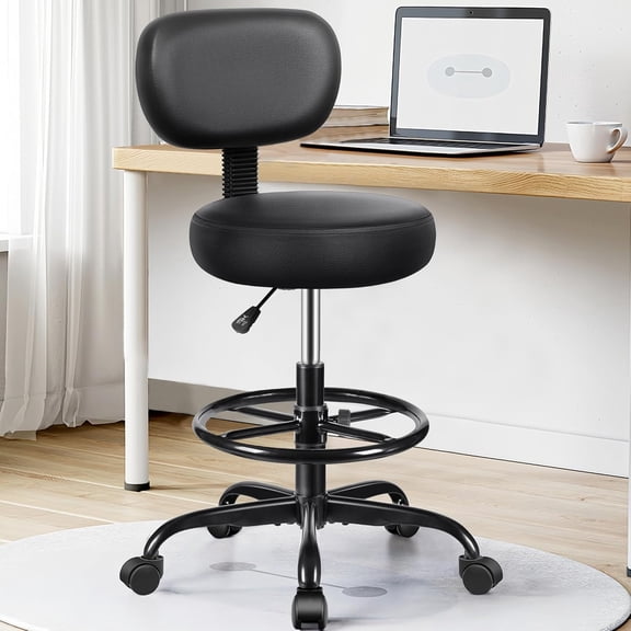Drafting Chair with Backrest Adjustable Foot Rest Rolling Stool with Wheels, PU Leather Swivel Stool for Office Spa Studio Lab Counter Salon Home Work Bar Kitchen Shop(Black)