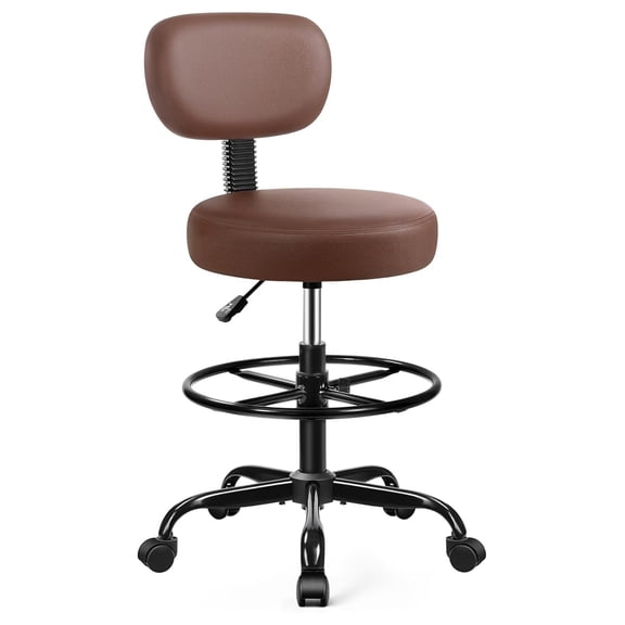 Drafting Chair with Backrest – Adjustable Foot Rest Rolling Stool with Wheels, PU Leather Swivel Stool for Office Spa Studio Lab Counter Salon Home Work Bar Kitchen Shop(Brown)