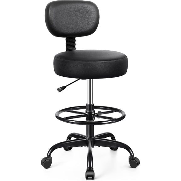 Drafting Chair with Backrest – Adjustable Foot Rest Rolling Stool with Wheels, PU Leather Swivel Stool for Office Spa Studio Lab Counter Salon Home Work Bar Kitchen Shop