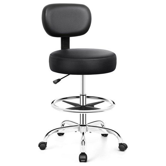 Drafting Chair with Backrest Adjustable Foot Rest Rolling Stool with Wheels, PU Leather Swivel Stool for Office Spa Studio Lab Counter Salon Home Work Bar Kitchen Shop(Silver)