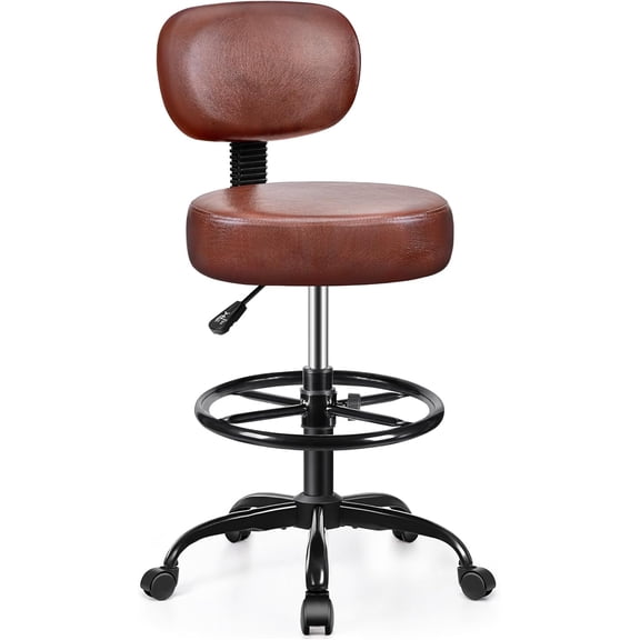 Drafting Chair with Backrest – Adjustable Foot Rest Rolling Stool with Wheels, PU Leather Swivel Stool for Office Spa Studio Lab Counter Salon Home Work Bar Kitchen Shop(Ember Brown)