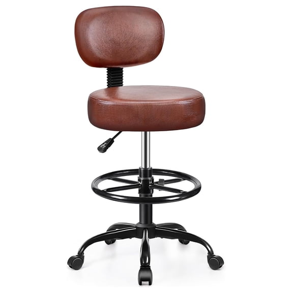 Drafting Chair with Backrest – Adjustable Foot Rest Rolling Stool with Wheels, PU Leather Swivel Stool for Office Spa Studio Lab Counter Salon Home Work Bar Kitchen Shop(Ember Brown)