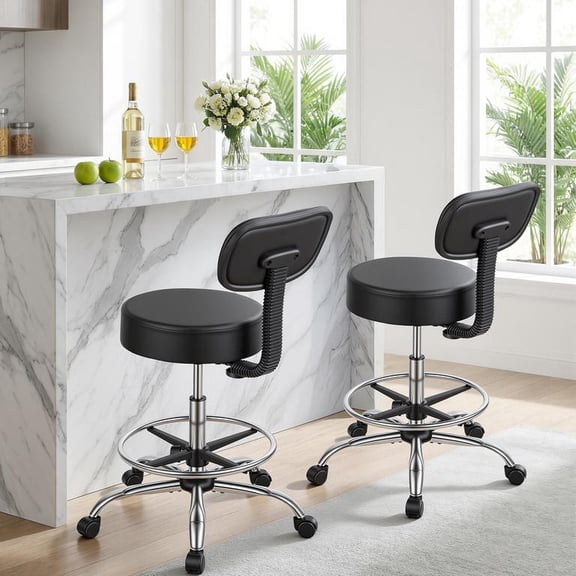 Drafting Chair with Backrest Adjustable Height Footrest Ring PU Leather Sponge Seat 250lbs Load Capacity 5 Durable Wheels for Office Studio Lab Kitchen