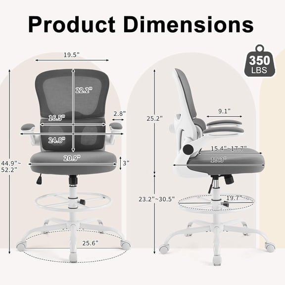 Drafting Chair Breathable Mesh Upholstery with Adjustable Lumbar Support and Flip- Armrests for Home Office Studio Gray