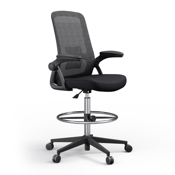 Adult Metal Nylon Mesh High Back Office Commercial Adjustable Lumbar Support and Flip Up Armrests Drafting Chairs Black