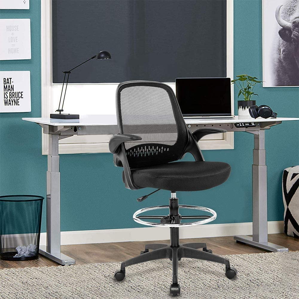 Drafting Chair Ergonomic Mesh Office Chair for Standing Adjustable Computer Desk Chair Home Office Desk Chair Mesh Task Chair with Footring & Flip Up Arms