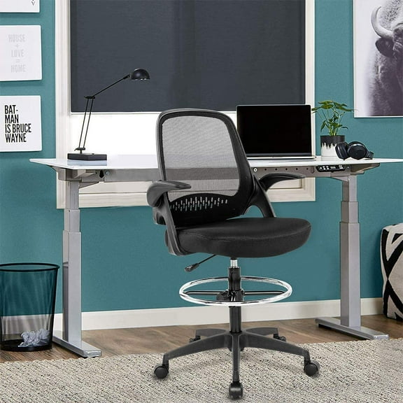 Drafting Chair Ergonomic Mesh Office Chair for Standing Adjustable Computer Desk Chair Home Office Desk Chair Mesh Task Chair with Footring & Flip Up Arms