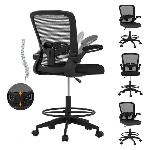Drafting Chair, Ergonomic Tall Office Chair Stool Standing Desk Chair with High Back and -up Armrests Adjustable Rolling Workbench Stool with Footrest (Black 1 pcs)
