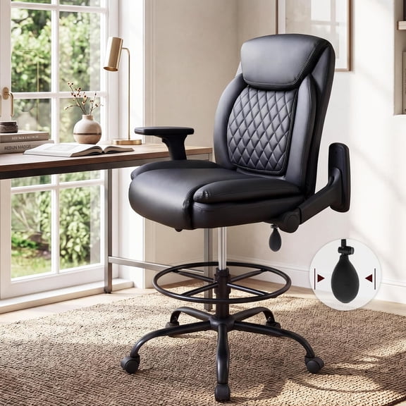 Drafting Chair,Executive Tall Office Chair Flip-up Armrests for Counter Height Desk Drawing Use,High Task Chair with Adjustable Foot Ring & Inflatable Lumbar Support, Swivel Computer Stool,PU Black