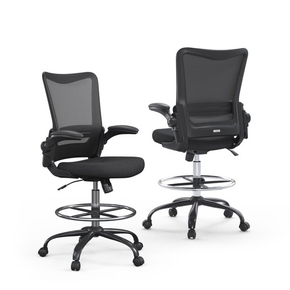 Drafting Chair, Extra Tall Office Chair with Tilt Back, Standing Desk Chair with Adjustable Footrest Ring & Flip Up Armrests, 48.4-57.5 Inch Extended Height Ergonomic Mesh Work Chair