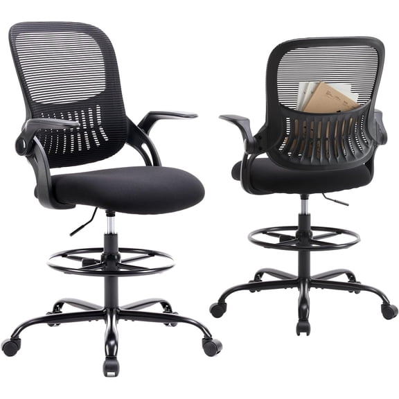Drafting Chair for Standing Desk, Counter Height Adjustable, Flip-up Arms, Ergonomic Mid Back Mesh Rolling Work 360 Swivel Office Computer Chairs with Wheels, for Bedroom Livingroom, Ink