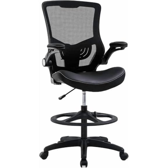 Drafting Chair Tall Mesh Drafting Stool for Standing Desk, Adjustable Bar Height Reception Office Chair with Flip-Up Arms & Foot-Ring, Ergonomic Mesh Computer Drafting Stool for Home Office Working