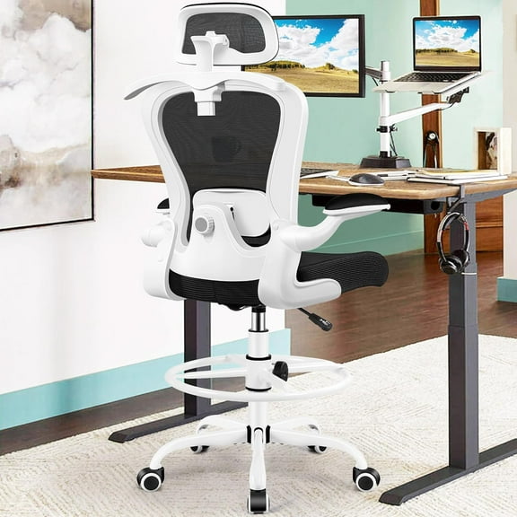 Drafting Chair, Tall Office Chair with 3D Lumbar & Head Support, Ergonomic Mesh Standing Desk Chair with Footring, Comfy Extended High Desk Chair with Flip-Up Arms & Hanger,White