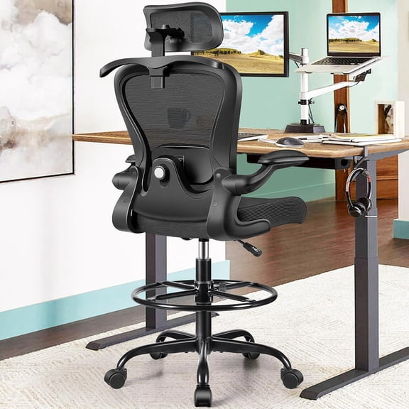 Drafting Chair, Tall Office Chair with 3D Lumbar & Head Support, Ergonomic Mesh Standing Desk Chair with Footring, Comfy Extended High Desk Chair with Flip-Up Arms & Hanger,Black