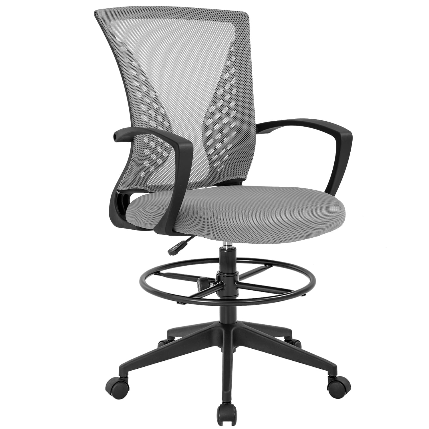 Drafting Chair, Tall Office Chair with Adjustable Foot Ring, Standing Desk Chair Support and Adjustable Armrests, Swivel Rolling Tall Chair, Breathable Mesh, Height Adjustable, Black