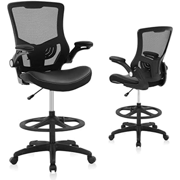 Drafting Chair Tall Office Chair Adjustable Standing Desk Chair with Flip Up Arms, Foot Rest, Back Support, Ergonomic Mesh Drafting Stool Rolling Computer Chairs for Adults, Black$$Office