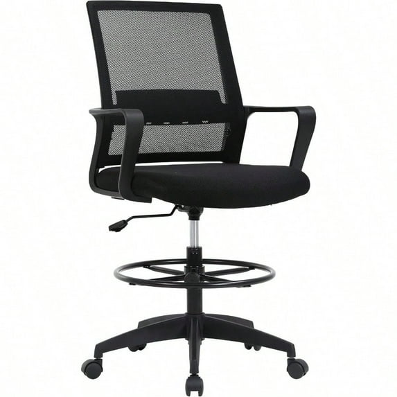 Drafting Chair Tall Office Chair Adjustable Swivel Rolling Mesh Height With Lumbar Support Arms Footrest Mid Back For Adults Standing Desk Drafting Stool Black