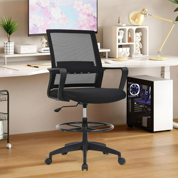 Drafting Chair Tall Office Chair Adjustable Swivel Rolling Mesh Height with Lumbar Support Arms Footrest Mid Back for Adults Standing Desk Drafting Stool(Black)