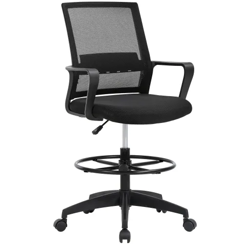 Drafting Chair, Tall Office Chair with Armrests, Executive Ergonomic Computer Standing Desk Chair with Lumbar Support and Adjustable Footrest Ring, Black