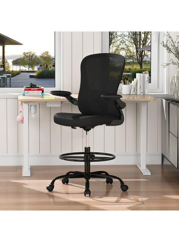Drafting Chair, Tall Office Chair Computer Standing Desk Chair, Office Drafting Chair with Lumbar Support and Adjustable Footrest Ring,Black