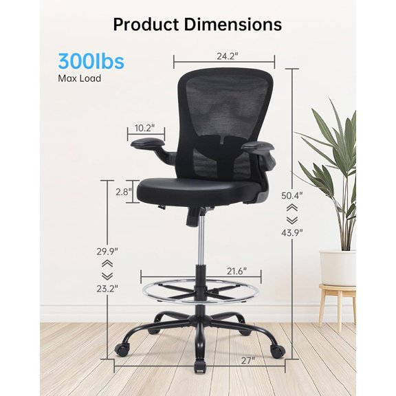Drafting Chair Tall Office Chair with Flip- Arms Adjustable Height Standing Desk Chair with Lumbar Support and Footrest Ring Ergonomic Executive Computer Chair Swivel Drafting Stool for Work/Drawing