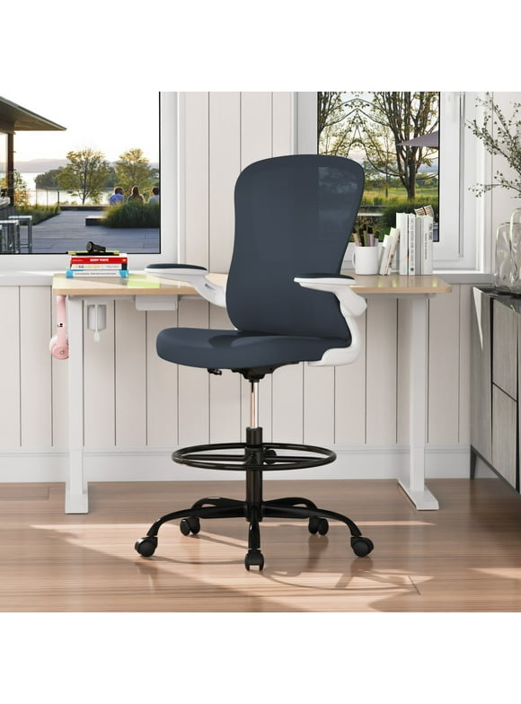 Drafting Chair, Tall Office Chair with Flip-up Armrests Executive Ergonomic Computer Standing Desk Chair, Office Drafting Chair with Lumbar Support and Adjustable Footrest Ring,Dark Gray