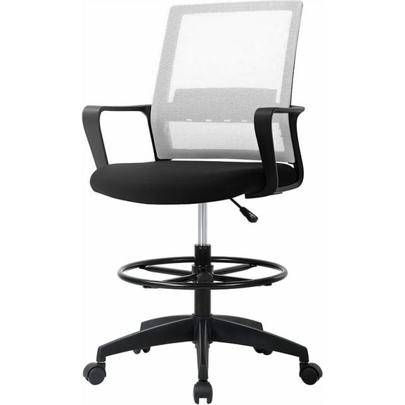 Drafting Chair Tall Office Chair Mesh Ergonomic Mid-Back Desk Chair with Adjustable Foot Ring for Executive Computer Standing Desk, Black