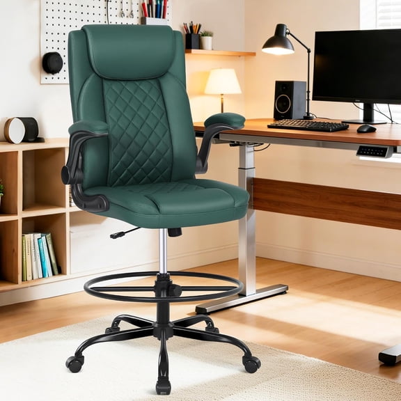 Drafting Chair, Tall Office Chair for Standing Desk, PU Leather Counter Computer Chairs with Adjustable Height, Rocking Function, 360° Swivel Wheels for Bar Office