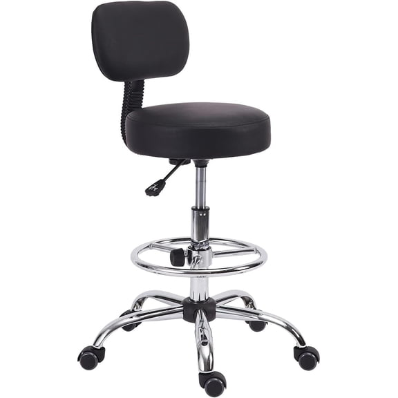 Drafting Chair with Wheels, Adjustable Foot Rest Rolling Stool, Leather Swivel Bar Stool Mid Back, Black Salon Stool Chair for Kitchen Pubs Medical Massage Spa Lab Tattoo Nail (Black, 1PK)