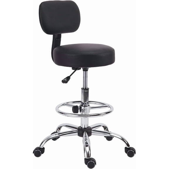 Drafting Chair with Wheels, Adjustable Foot Rest Rolling Stool, Leather Swivel Bar Stool Mid Back, Black Salon Stool Chair for Kitchen Pubs Medical Massage Spa Lab Tattoo Nail (Black, 1PK)