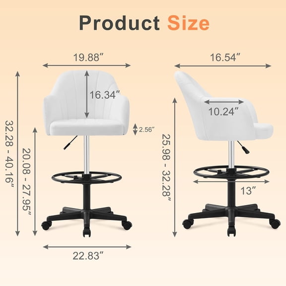 Drafting Chair with Height-Adjustable Lumbar Support and Footrest for Standing Desk Office Bedroom White