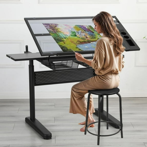 Drafting Desk with Stool, Upgraded Hand Crank Adjustable Height Art Table with Storage, 0-75° Tilting Glass Tabletop Drawing Table for Artists, Ergonomic Design for Painting, Sketching, Black