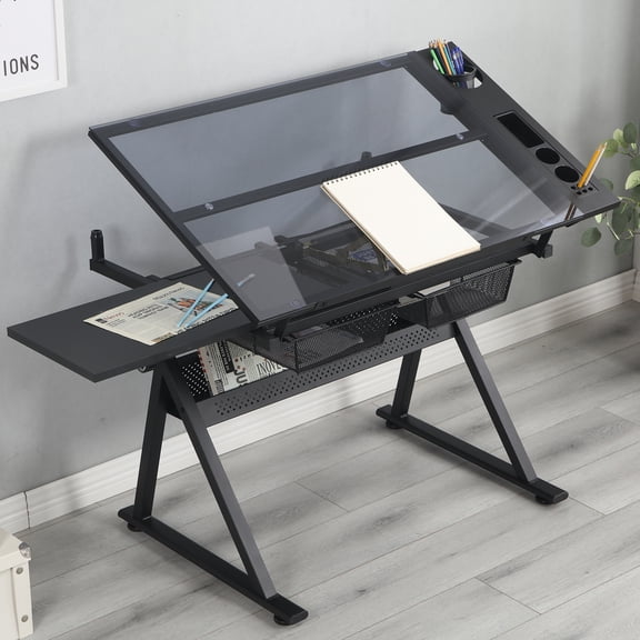 Drafting Desk With Side Shelf 0 To 75° Adjustable Tilting Drawing Desk Tempered Glass Art Table Writing Desk With Chair Stationery Storage Drawers