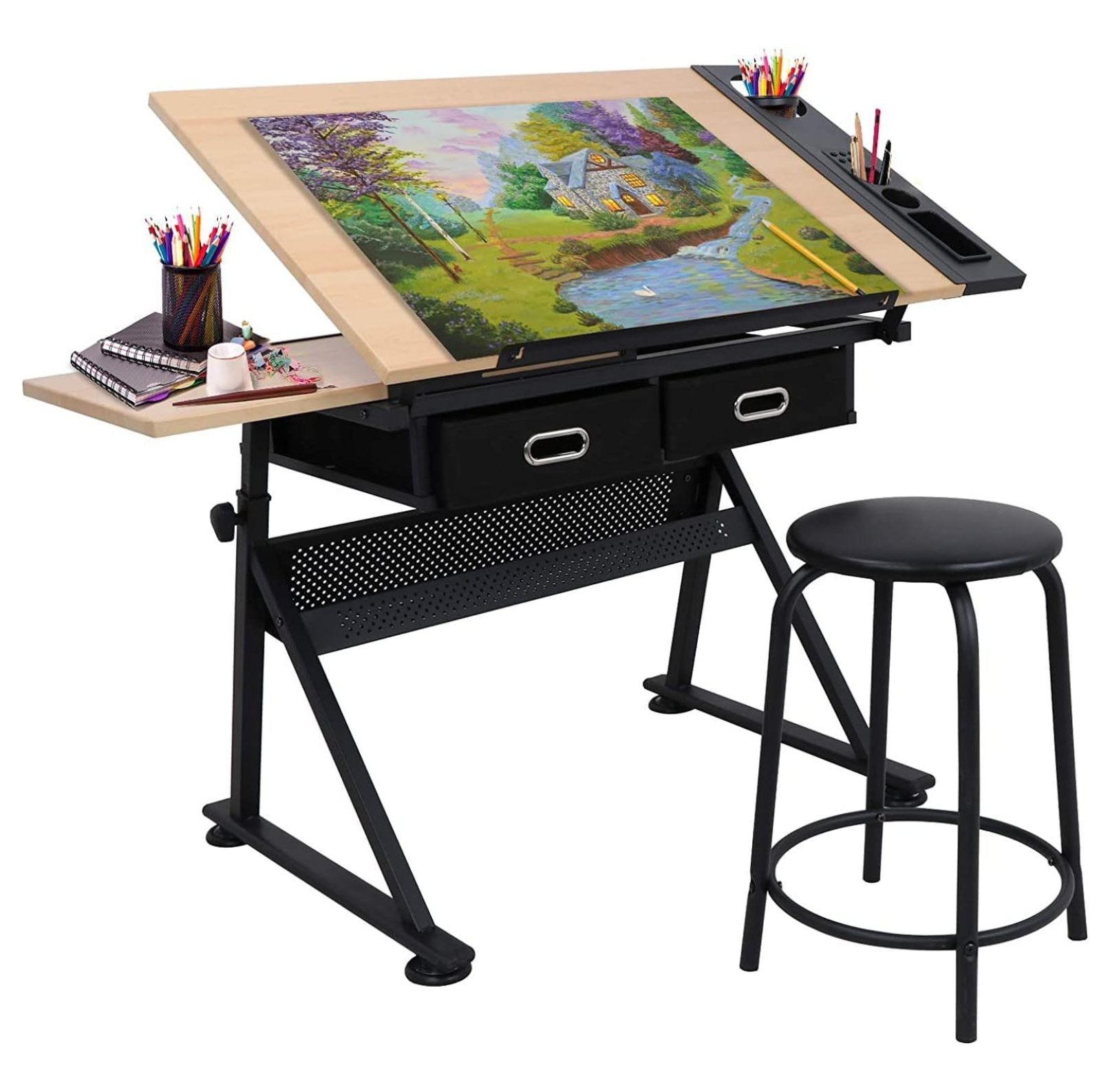 Drafting Desks with 2 Storage Drawers, Height Adjustable Drawing Tables for Painters, Working