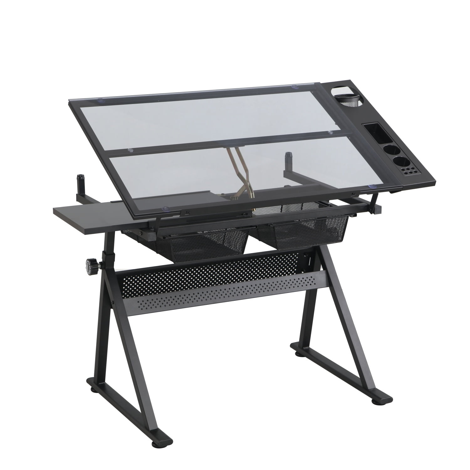 Drafting Table, 0-70° Adjustable Glass Top Artist Table, Height Adjustable Drafting Desk with Large Storage for Painting & Crafting, Ideal for Designers and Art Students (Black)