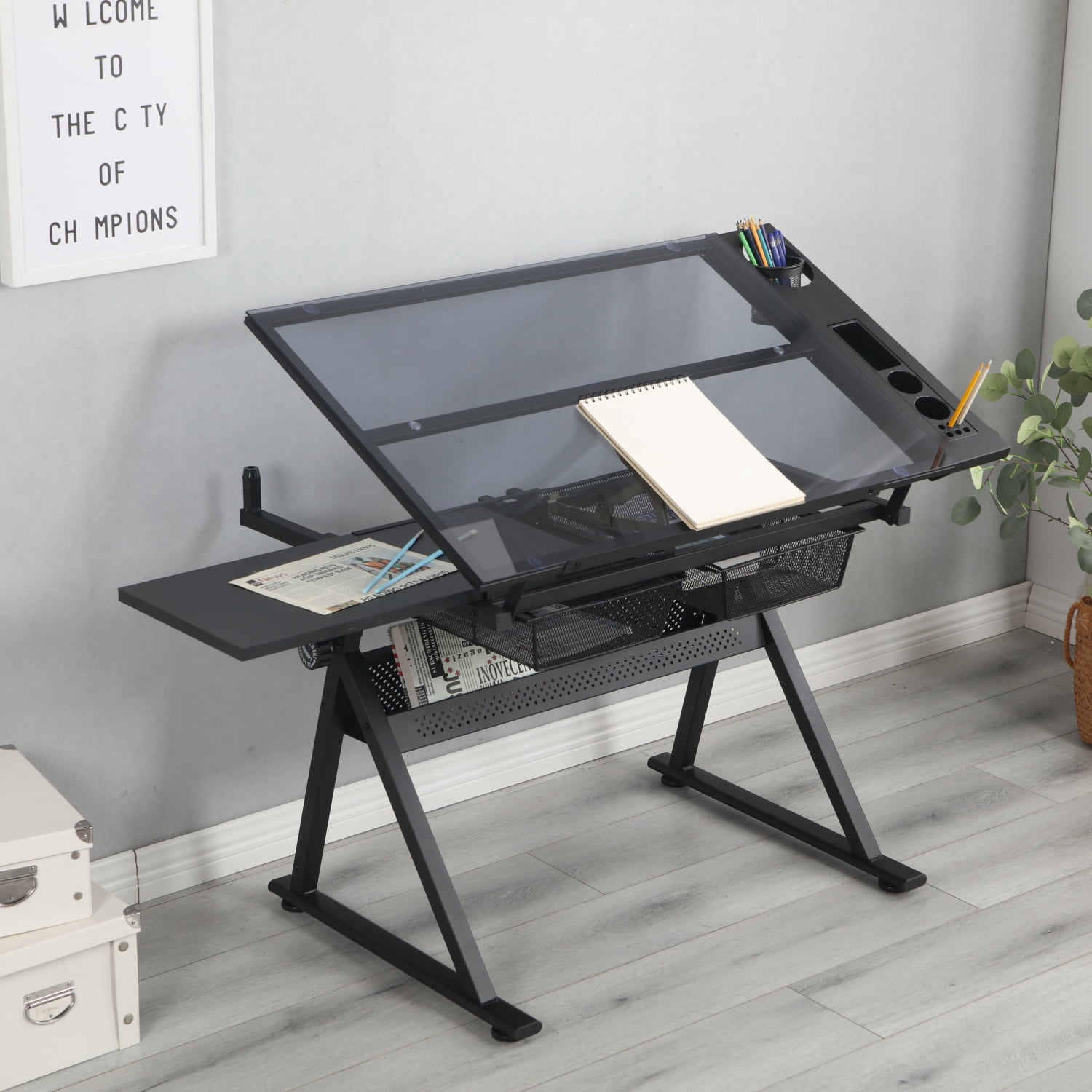 Drafting Table, 0-75°Adjustable Glass Top Artist Table, Height Adjustable Drafting Desk with Large Storage for Painting & Crafting, Ideal for Designers and Art Students (Black)