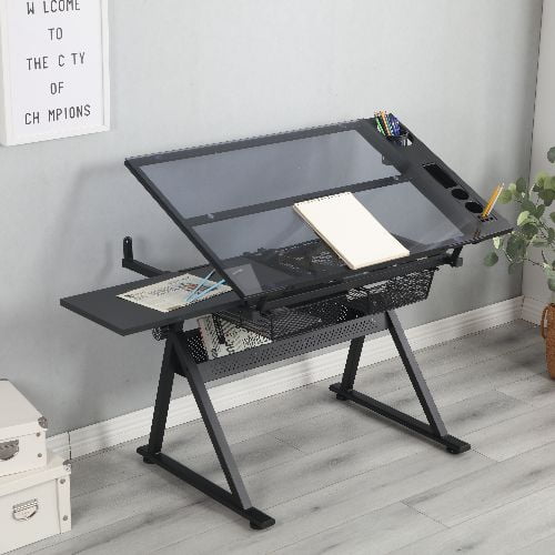 Drafting Table, 0-75 Adjustable Glass Top Artist Table - Height Adjustable Drafting Desk with Large Storage for Painting & Crafting - Ideal for Designers and Art Students (black)