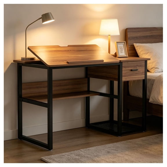 Drafting Table 47.2 Inch with Drawers - Adjustable Computer Desk for Home Office, Art, Study - Tiltable Desktop, Storage Shelves