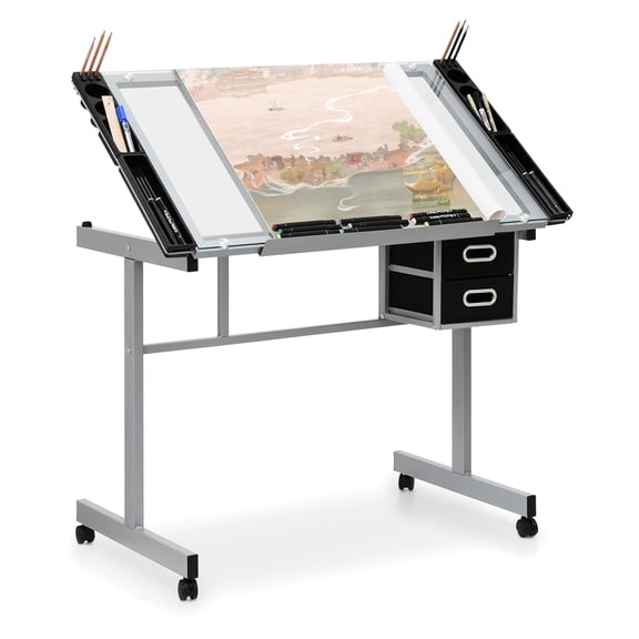 Drafting Table,Adjustable Tilt,Tempered Glass Top,Metal Frame Art Desk,Storage Trays and Casters,for Artist,Light Grey