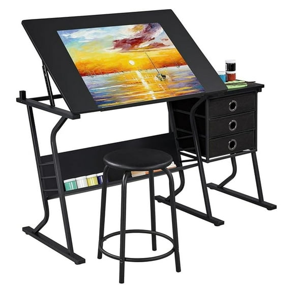 Drafting Table for Adults/Artists, Drawing Desk, Adjustable Art/ Desk with Stool and 3 Slide Drawers, Sketching Painting Artwork Station for Art Studio Home Office School