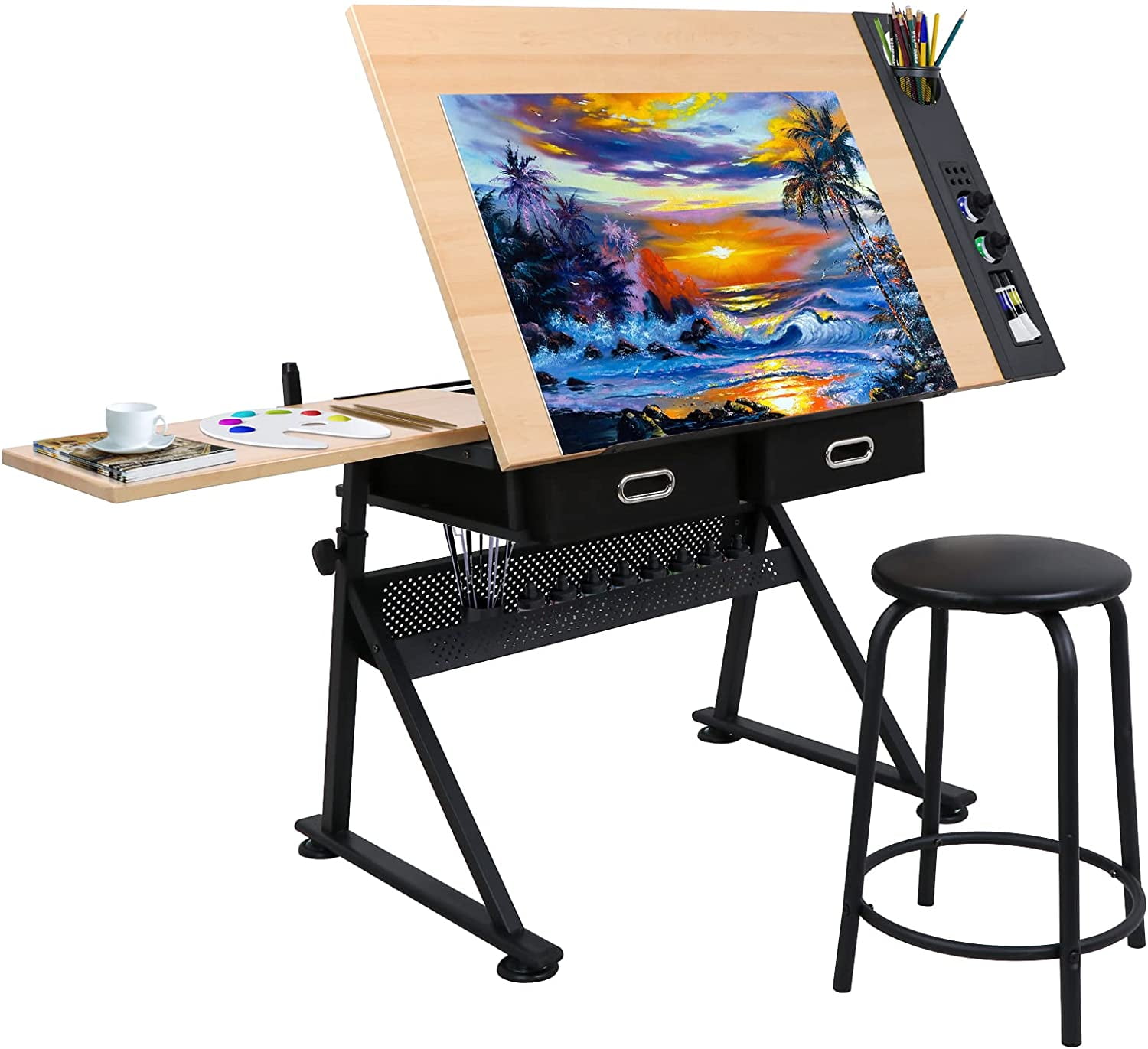 Natural Adjustable Drafting Table with Stool and Storage