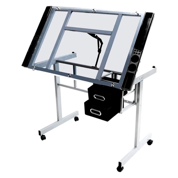 Drafting Table with a Glass Top Rolling Desk for artists, Art and Craft workstation with two sliding drawers and casters, suitable for home office and educational spaces, finished in silver-gray