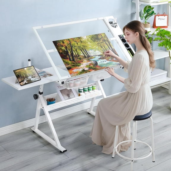 Drafting Table, Height Adjustable Art Table with Stool, 0-75 Tilting Tempered Glass Tabletop Drawing Table with Storage for Sketching Painting