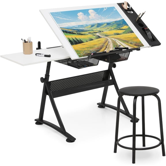 Drafting Table Set for Home and School, Height & Angle Adjustments (28"-36", 0-65), Art Desk with Drawers Artists & Designers