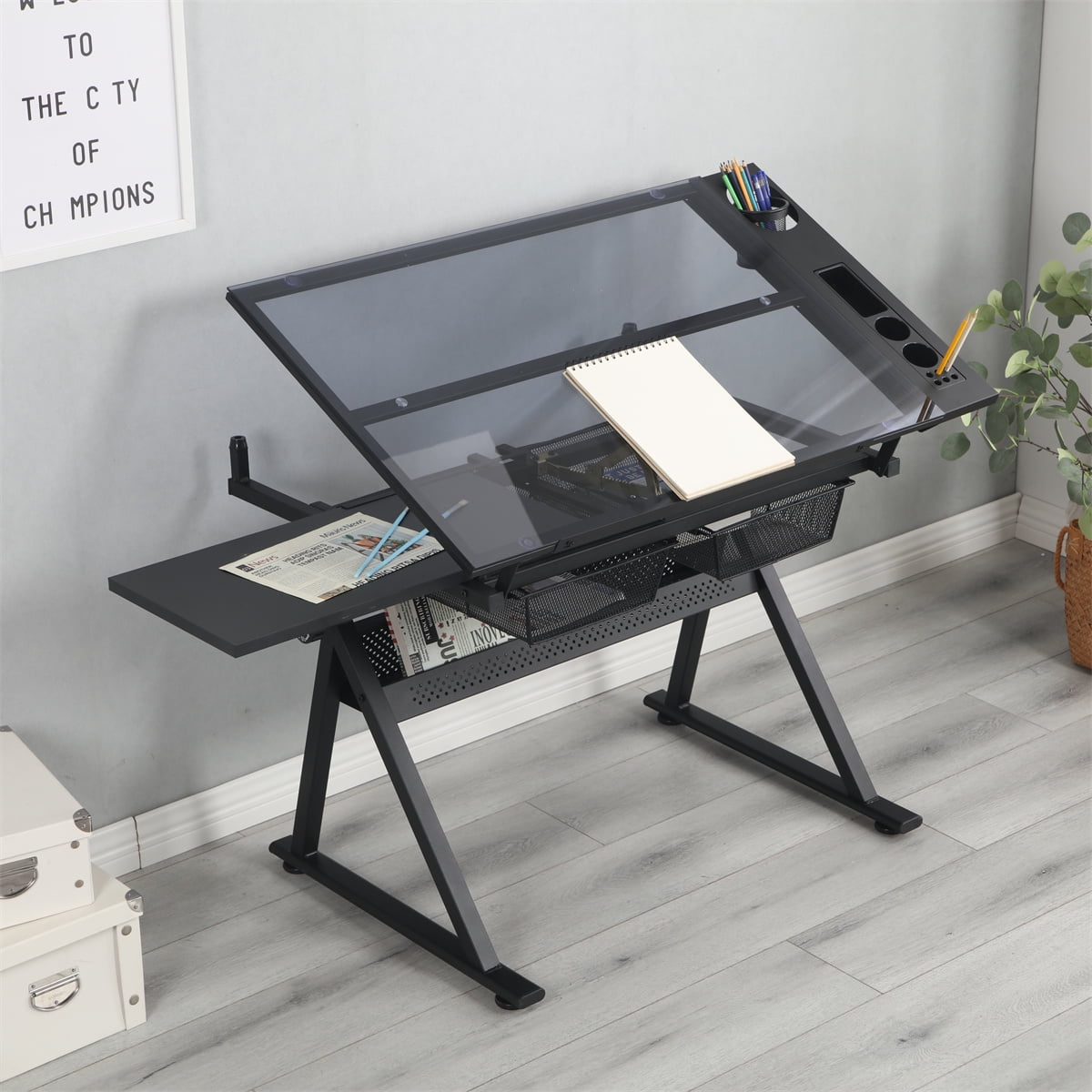 Drafting Table with Stool Height Adjustable Multifunctional Art Craft  Artists Desk Tilting Glass Tabletop Diamond Paintings Work Station with 2  Storage Drawers for Home Office Art Studio School，Black - Walmart.com, image size:1200x1200